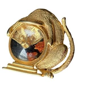 Vintage JJ Curious Cat Lucite Fish Bowl Figural Brooch Gold Tone